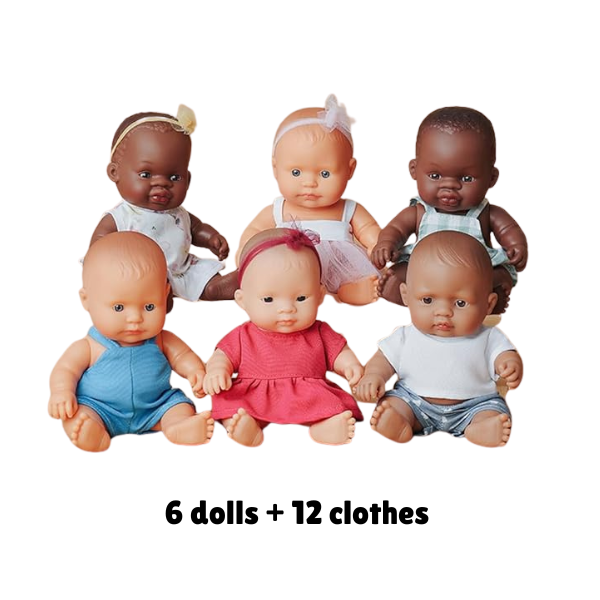 Miniland 21cm Dolls Set of 6 dolls with 12 clothes