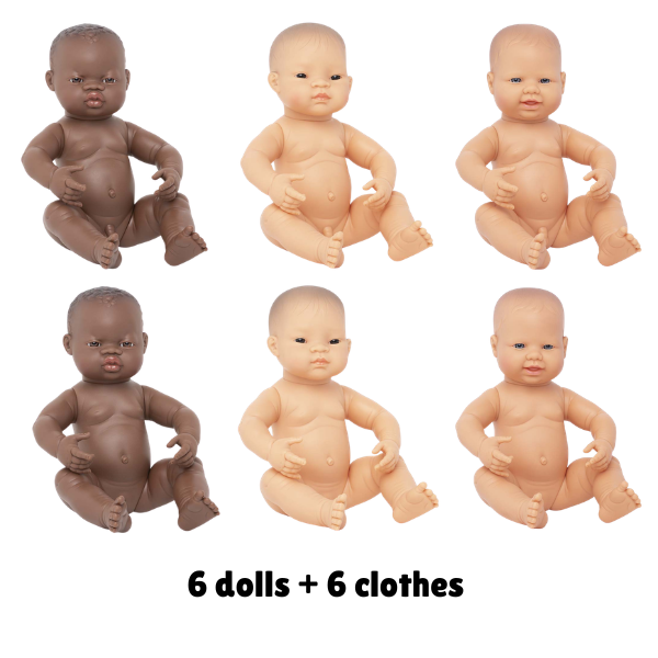 Miniland 40cm Dolls Set of 6 dolls with 6 clothes