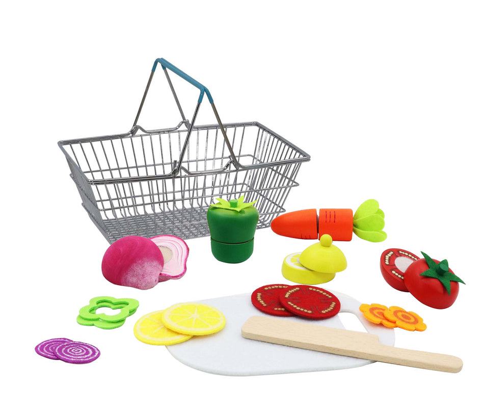 Kaper Kidz Wooden Cutting Vegetables With Metal Basket