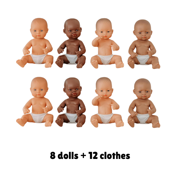 Miniland 32cm Dolls Set of 8 dolls with 12 clothes