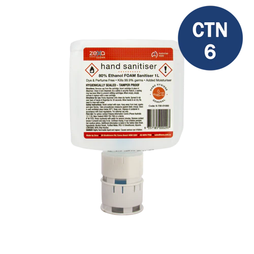 Zexa Dispenser Cartridge 1L: Hand Sanitiser 80% Foam 6 Pk