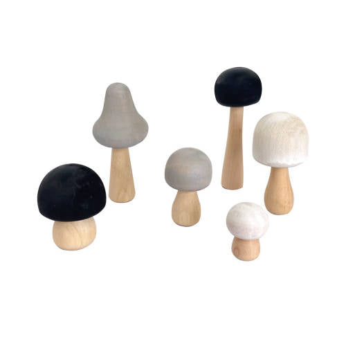 Papoose Achromatic Wood Mushrooms 6pc